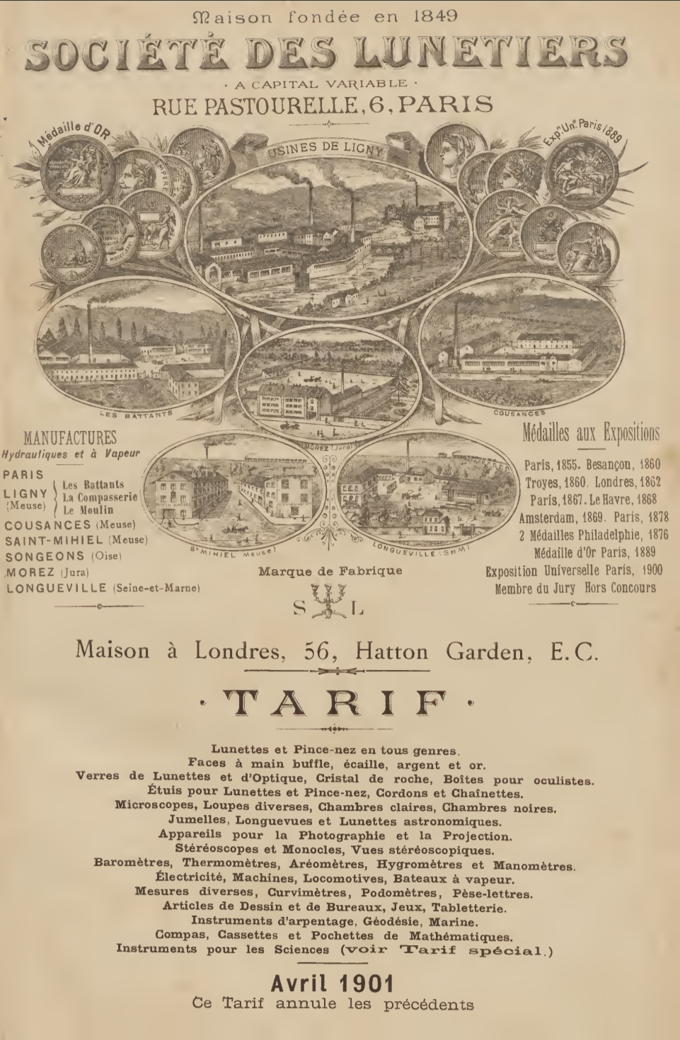 Portada del catálogo de la Société des Lunetiers (París, abril de 1901). Publicado en plena Belle Époque, este catálogo comercial muestra la amplia variedad de gafas, pince-nez, cadenas, estuches y cristales que podían adquirirse a comienzos del siglo XX.