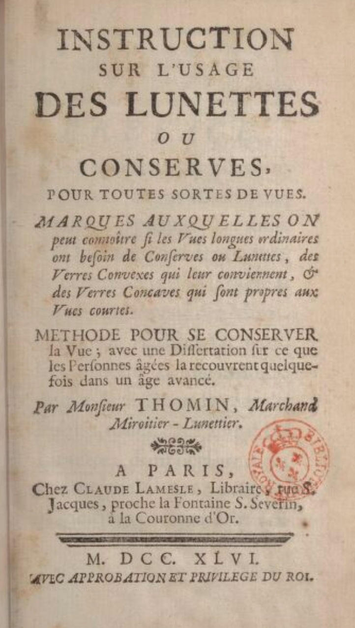 Portada de Instruction sur l'usage des lunettes ou conserves (1746), de Marc Mitouflet Thomin, uno de los primeros tratados que describe el empleo de cristales de color para proteger ojos especialmente sensibles a la luz.